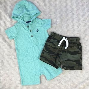Carter’s Hooded Summer Romper & Camouflage Shorts Bundle 9 12 Months